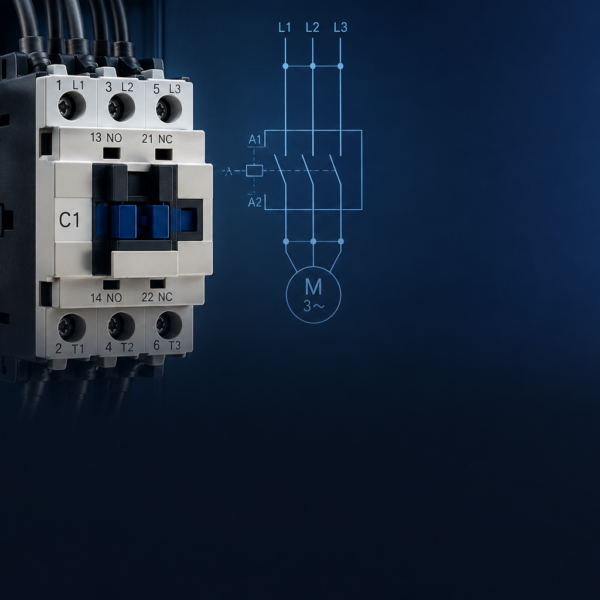 Contator de potência industrial utilizado em painéis elétricos para acionamento de motores, automação elétrica e controle de cargas em instalações industriais.