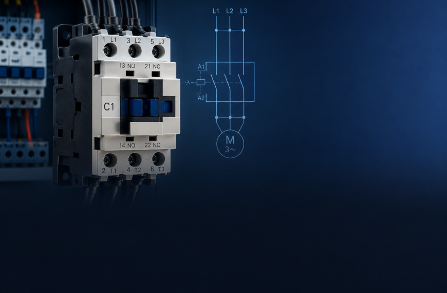 Contator de potência industrial utilizado em painéis elétricos para acionamento de motores, automação elétrica e controle de cargas em instalações industriais.