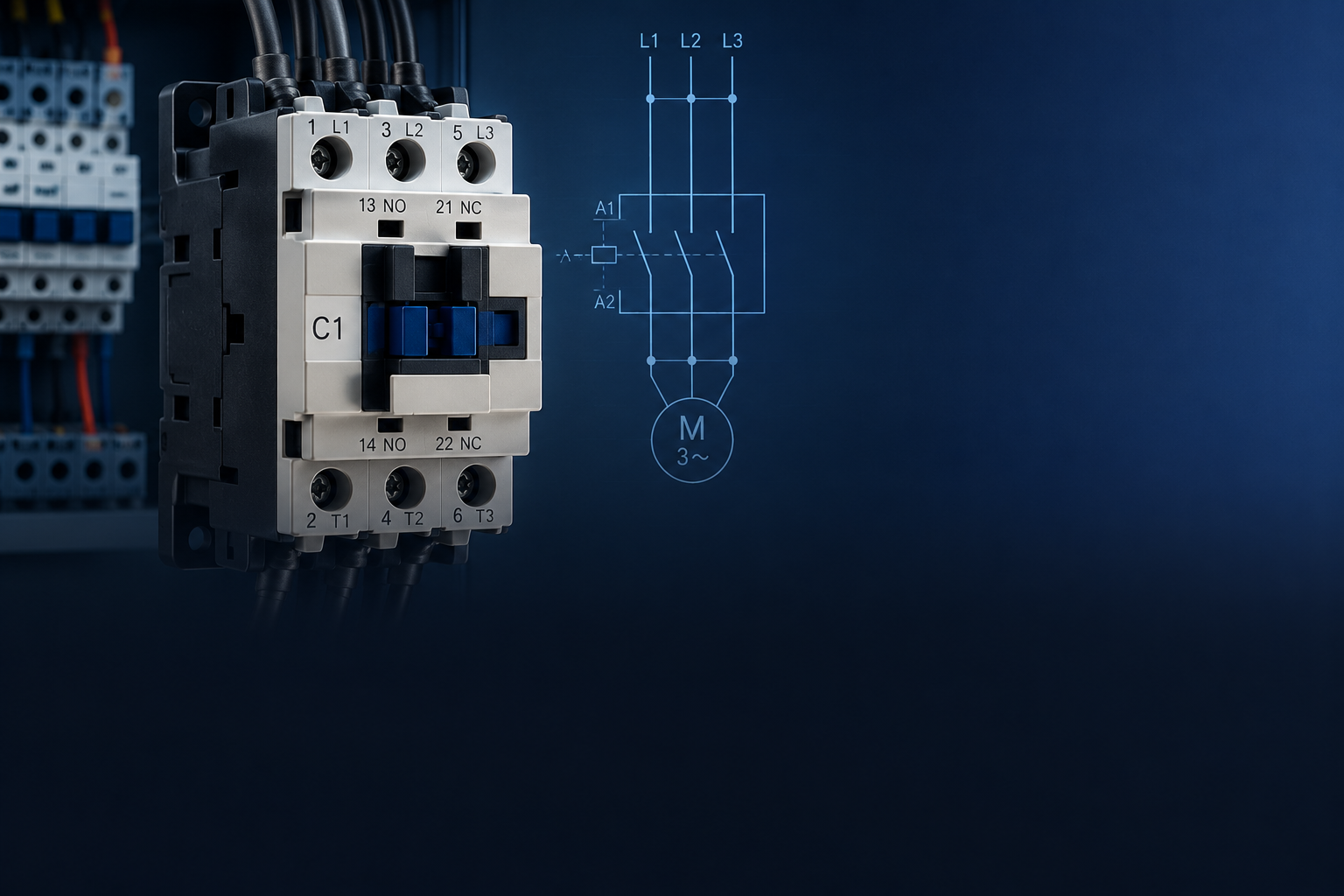 Contator de potência industrial utilizado em painéis elétricos para acionamento de motores, automação elétrica e controle de cargas em instalações industriais.