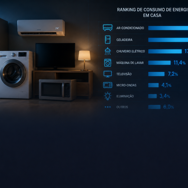 Eletrodomésticos e aparelhos residenciais ligados na cozinha representando alto consumo de energia elétrica em uma residência moderna.