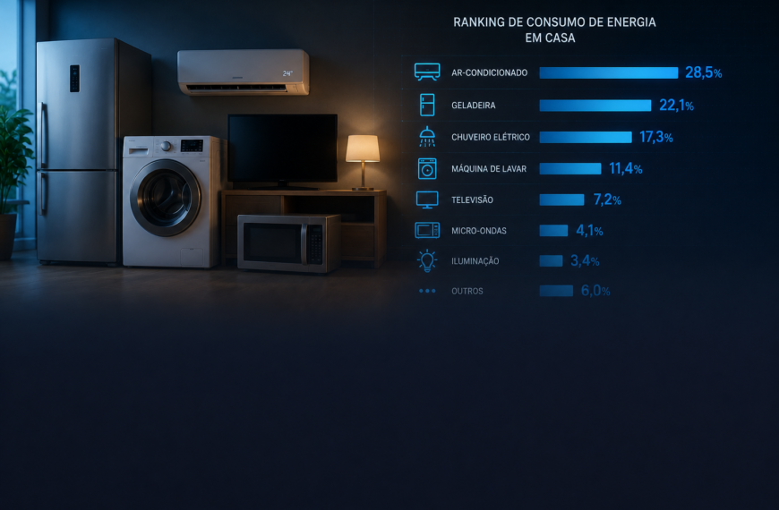 Eletrodomésticos e aparelhos residenciais ligados na cozinha representando alto consumo de energia elétrica em uma residência moderna.
