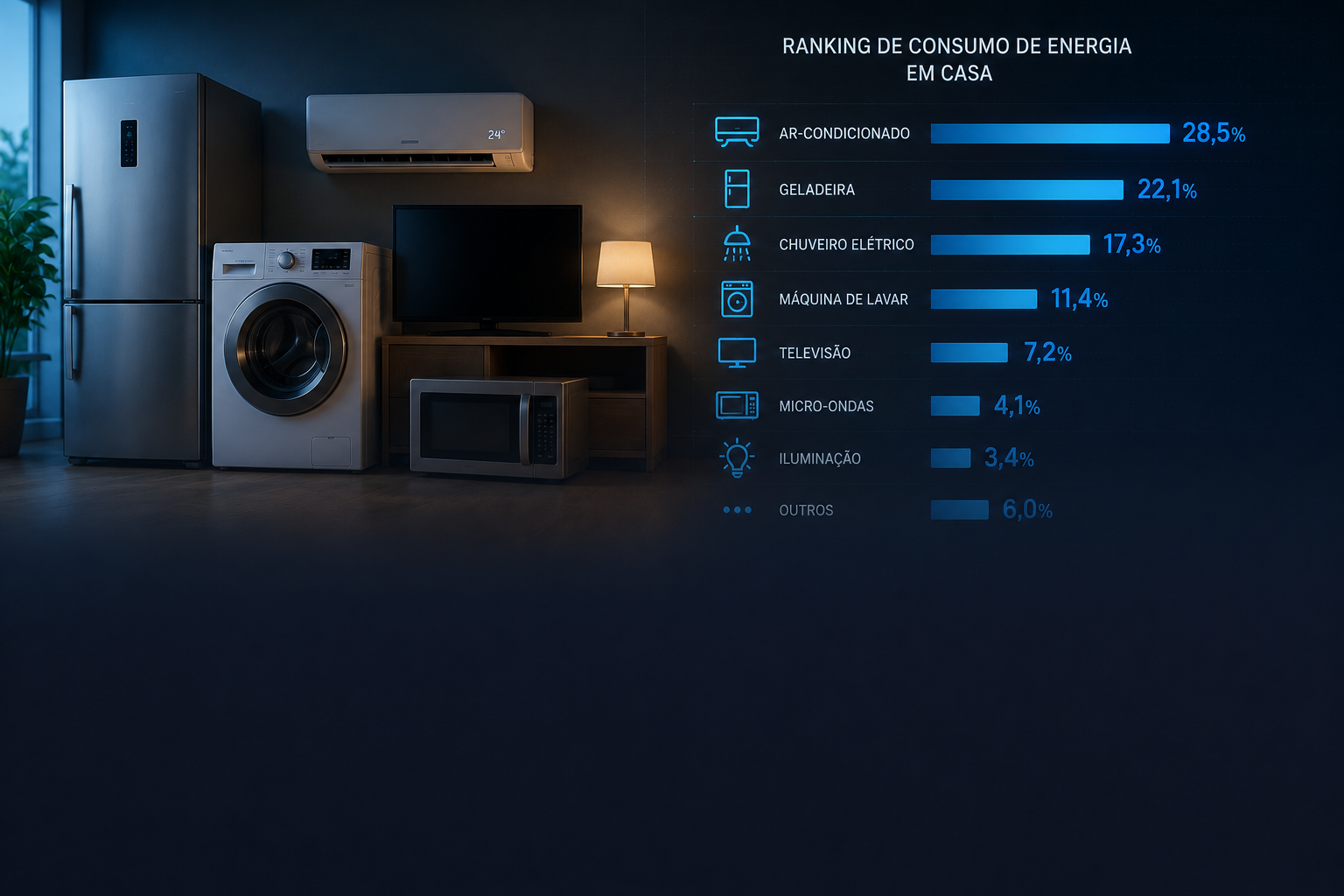 Eletrodomésticos e aparelhos residenciais ligados na cozinha representando alto consumo de energia elétrica em uma residência moderna.