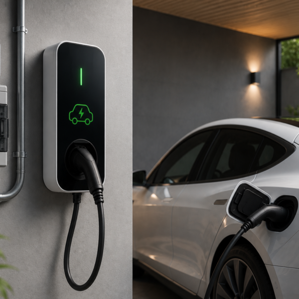 Carregador residencial para veículo elétrico instalado em garagem moderna com painel elétrico e carro elétrico conectado para recarga.