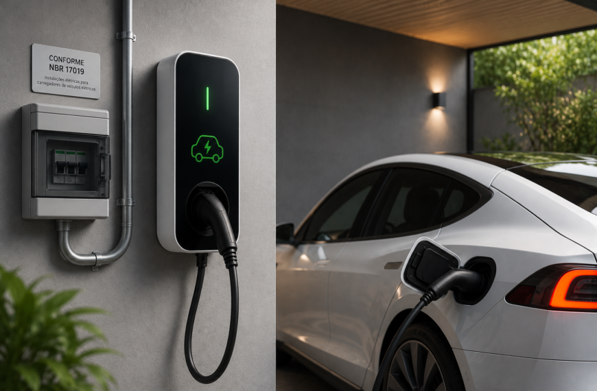 Carregador residencial para veículo elétrico instalado em garagem moderna com painel elétrico e carro elétrico conectado para recarga.