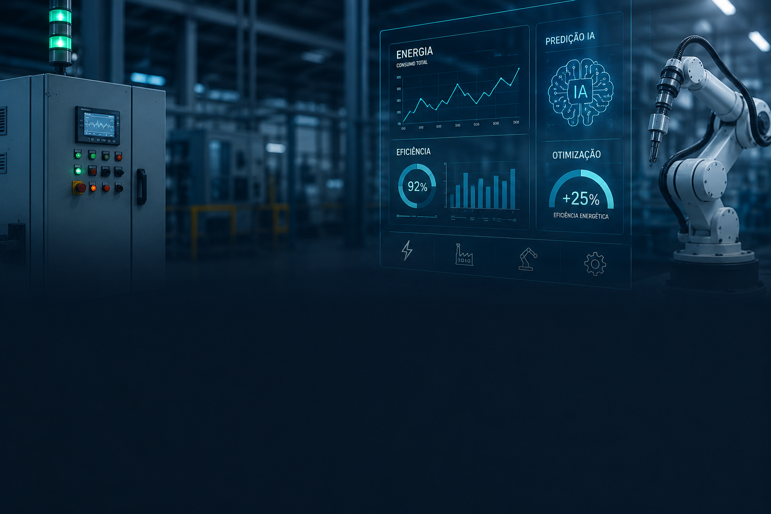 Inteligência artificial aplicada ao gerenciamento de energia industrial com monitoramento inteligente, análise de consumo elétrico e automação para eficiência energética.