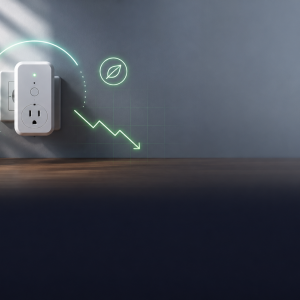 Economizador de tomada conectado à parede com conceito visual de eficiência energética, redução de consumo elétrico e tecnologia residencial moderna.