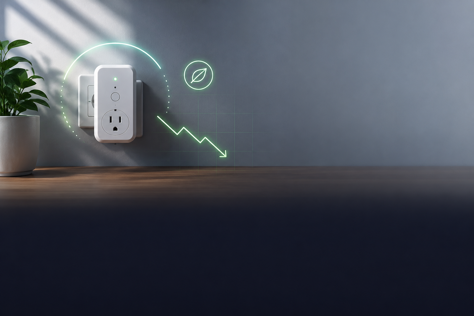 Economizador de tomada conectado à parede com conceito visual de eficiência energética, redução de consumo elétrico e tecnologia residencial moderna.