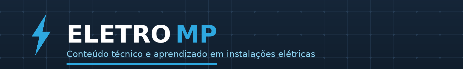 Logo Eletro MP com ícone de raio em ciano sobre fundo navy, texto "Conteúdo técnico e aprendizado em instalações elétricas"
